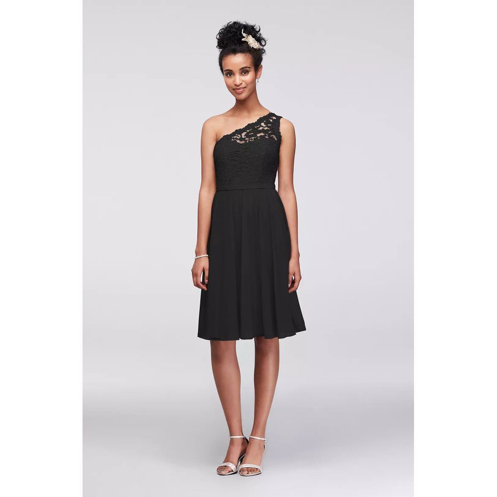David's Bridal Dress Black One Shoulder Goth Lace F15711 Sz 8 Party Cocktail